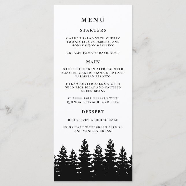 Minimalist Modern Black White Winter Wedding Table Menu (Front)