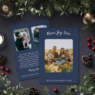 Minimalist Modern Blue 3 Photo Peace Joy Love News Holiday Card