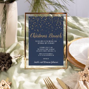 Minimalist Modern Blue Christmas Brunch Gold  Foil Invitation