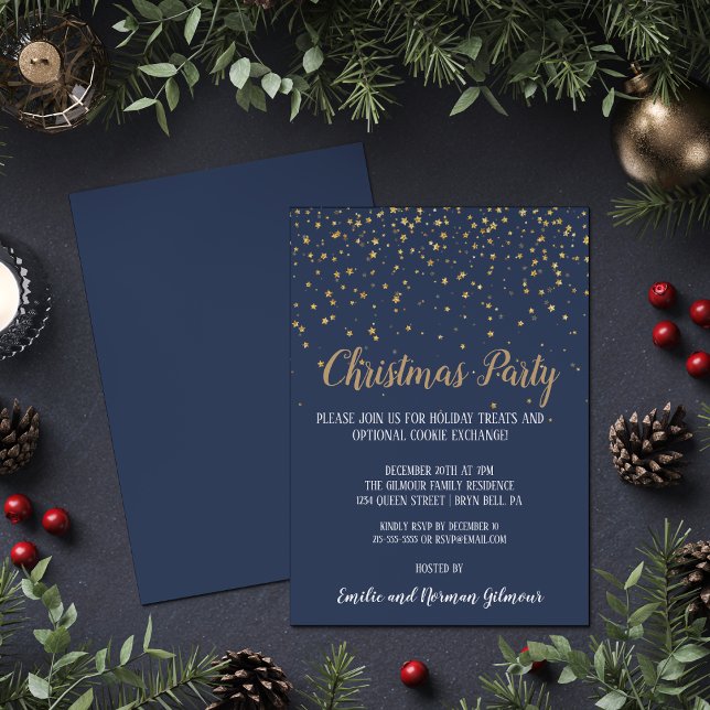 Minimalist Modern|Blue Christmas Party Gold  Foil Invitation (Creator Uploaded)