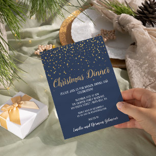 Minimalist Modern Blue Confetti Christmas Dinner Invitation