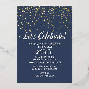 Minimalist Modern Blue Confetti New Year's Gold  Foil Invitation