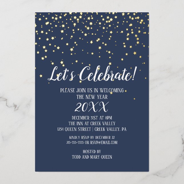 Minimalist Modern|Blue Confetti New Year's Gold  Foil Invitation (Front)