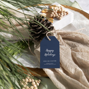 Minimalist Modern Blue Happy Holidays Family Gift Tags
