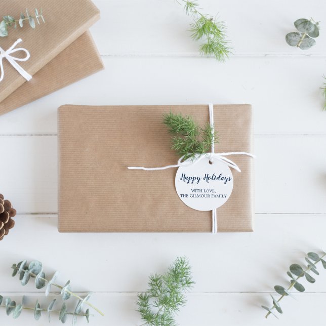 Minimalist Modern Blue Happy Holidays Gift Classic Round Sticker (Creator Uploaded)