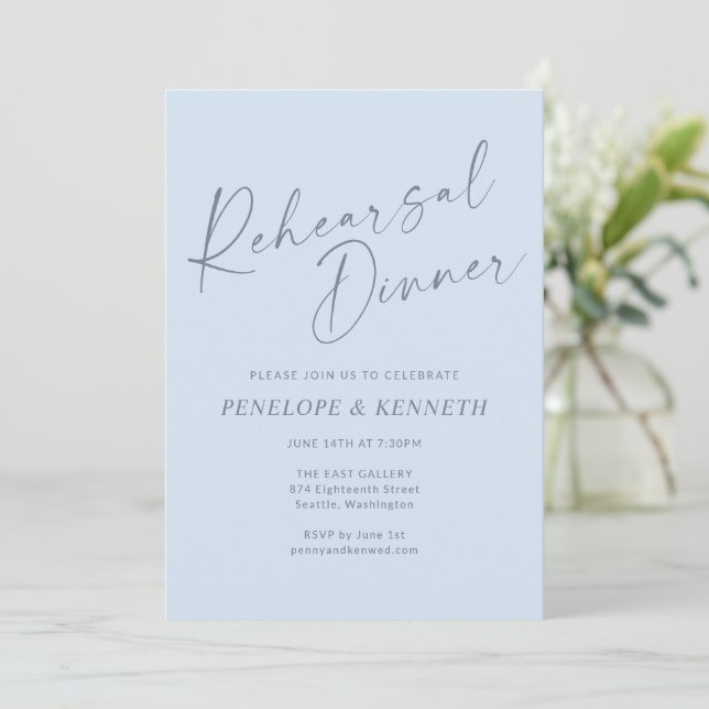 Minimalist Modern Blue Script Rehearsal Dinner Invitation (Standing Front)