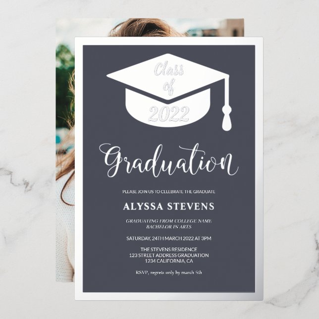 Minimalist modern blue silver graduation photo foil invitation (Front/Back)
