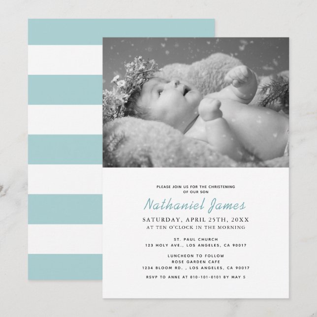Minimalist Modern Blue Stripes Photo Christening Invitation (Front/Back)
