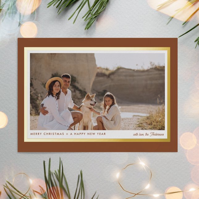 Minimalist Modern Boho Brown 1 Photo Real  Foil Holiday Postcard (Creator Uploaded)