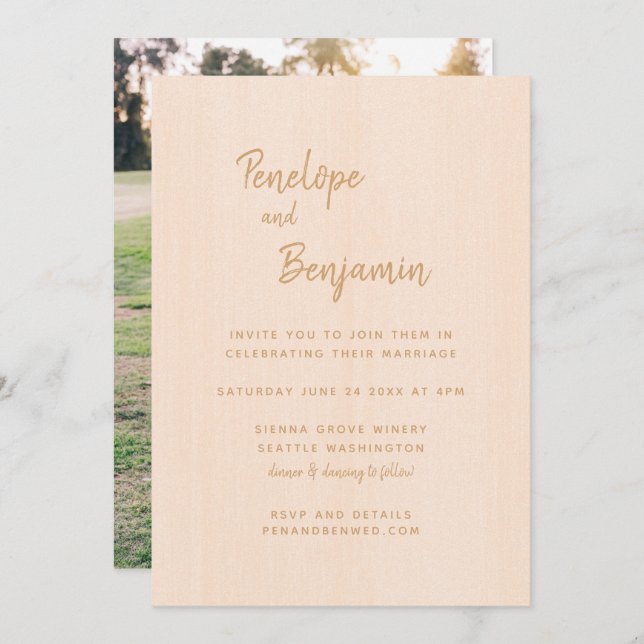 Minimalist Modern Boho Peach Photo Wedding Invitation (Front/Back)