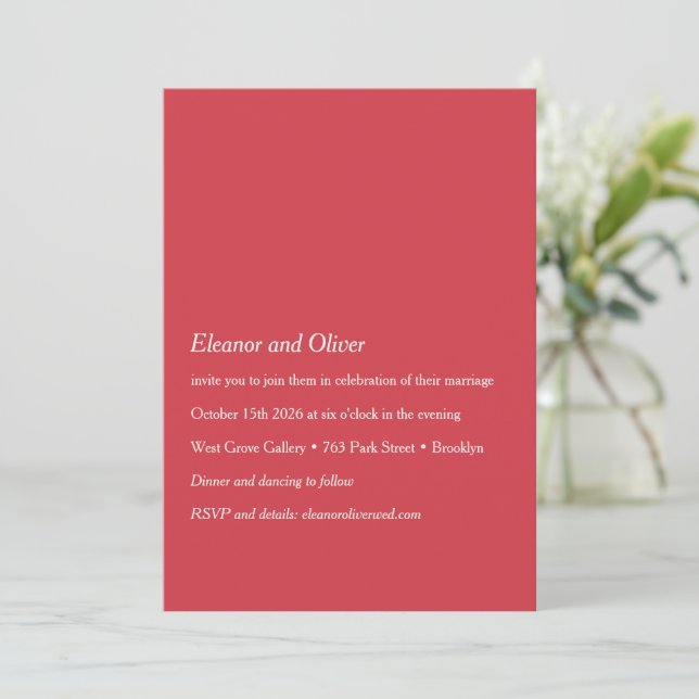 Minimalist Modern Bold Red Typography Boho Wedding Invitation (Standing Front)