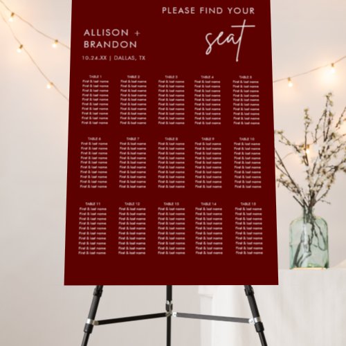 Minimalist Modern Burgundy Wedding Seating Chart Foam Board