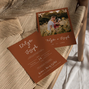 Minimalist Modern Burnt Orange Photo Boho Wedding Invitation