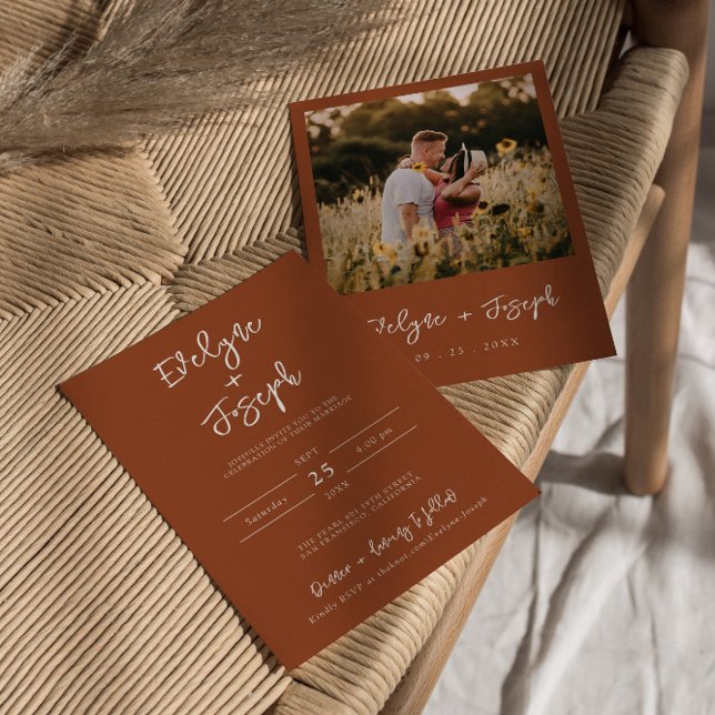 Minimalist Modern Burnt Orange Photo Boho Wedding Invitation (Creator Uploaded)
