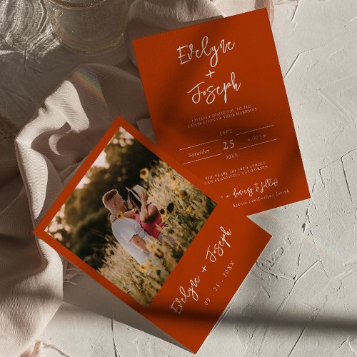 Minimalist Modern Burnt Orange Photo Boho Wedding Invitation