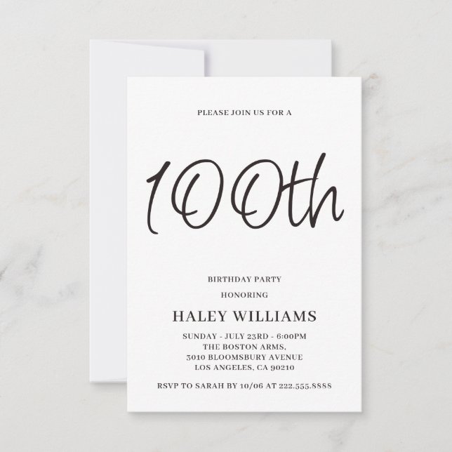 Minimalist Modern Calligraphy 100th Birthday Invitation (Front)