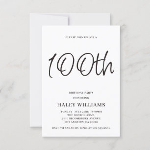 Minimalist Modern Calligraphy 100th Birthday Invitation