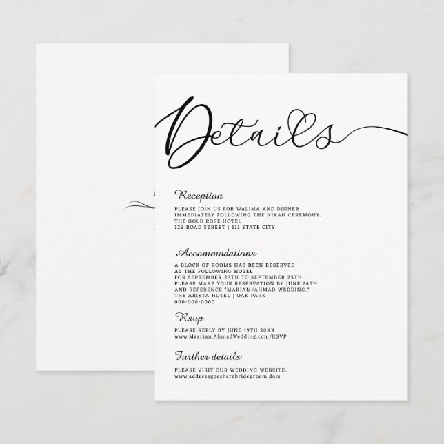 Minimalist Modern Calligraphy Black White Details Invitation (Front/Back)