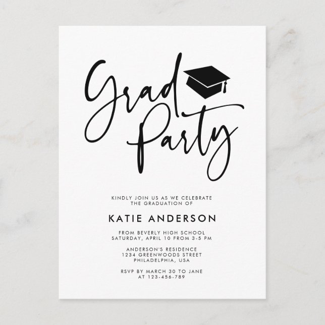 Minimalist Modern Calligraphy Grad Party Photo  Invitation Postcard (Front)