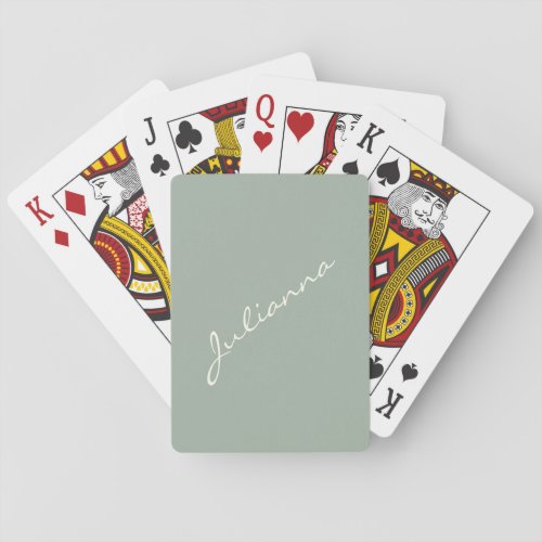 Minimalist Modern Calligraphy Sage Green Name Poker Cards