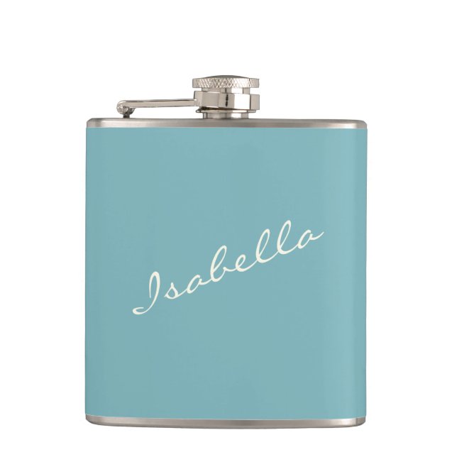 Minimalist Modern Calligraphy Teal Name Wedding Flask (Front)