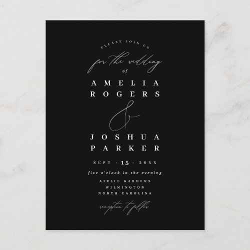 Minimalist Modern Calligraphy Wedding Black Postcard