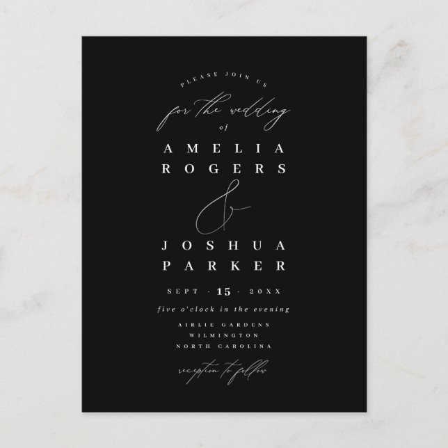 Minimalist Modern Calligraphy Wedding Black Postcard (Front)