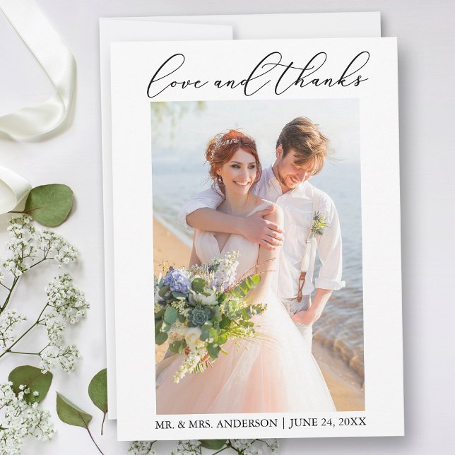 Minimalist Modern Calligraphy Wedding Photo Love Thank You Card (Customize to add text or more photos to back of card.)