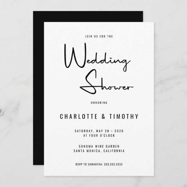 Minimalist Modern Calligraphy Wedding Shower Invitation (Front/Back)
