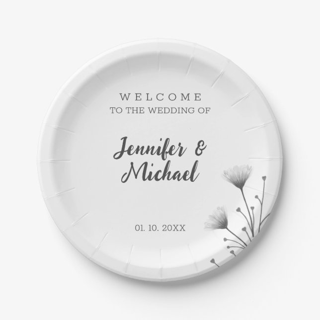Minimalist Modern Calligraphy Wedding Welcome Paper Plates (Front)
