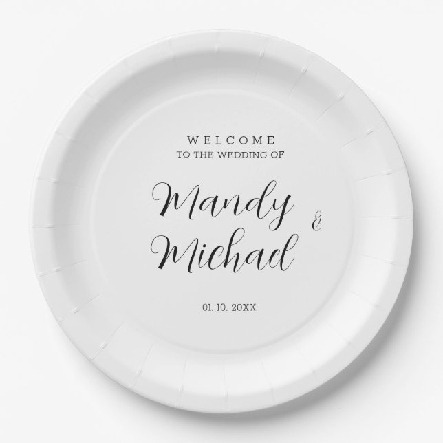 Minimalist Modern Calligraphy Wedding Welcome Paper Plates (Front)