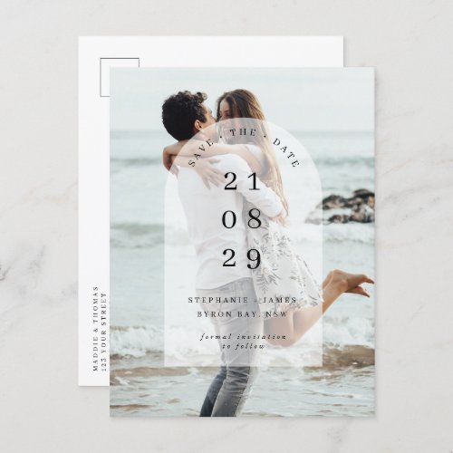 Minimalist modern center arch photo Save the Date Postcard