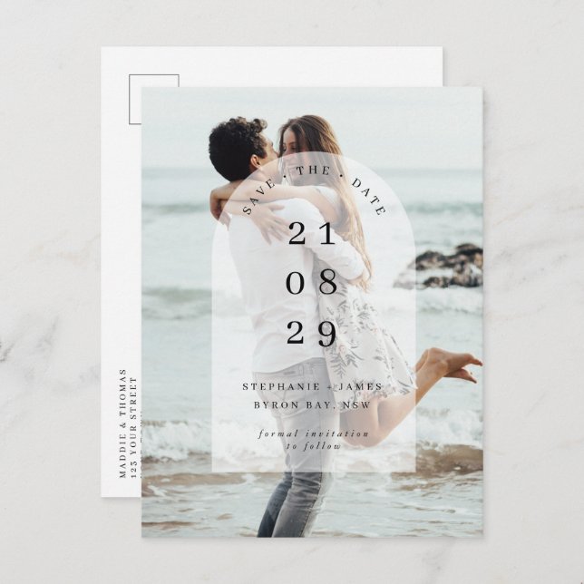 Minimalist modern center arch photo Save the Date Postcard (Front/Back)