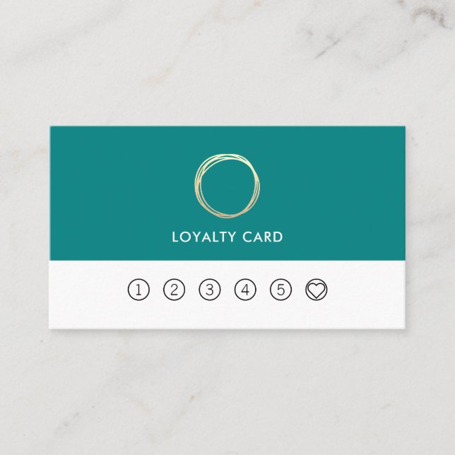 Minimalist Modern Chic Gold Circle Teal Loyalty Business Card (Front)