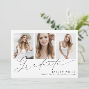 Minimalist Modern Chic Script 3 Photo Graduation Invitation