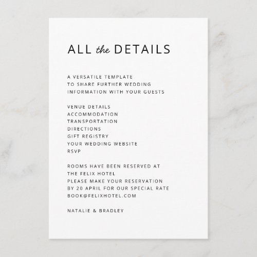 Minimalist Modern  Clean Simple Wedding Enclosure Card