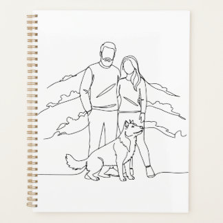 Minimalist Modern Couple with Dog Line Art Drawing Planner