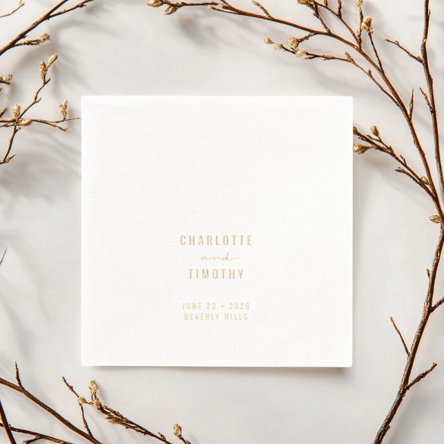 Minimalist Modern Couples Names Wedding Date Gold Foil Napkins (Creator Uploaded)