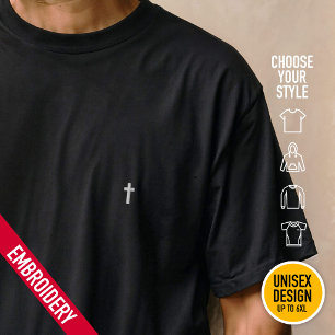 Minimalist modern cross on chest pocket - Editable Embroidered T-Shirt