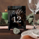 Minimalist modern custom photo black wedding table number<br><div class="desc">Elegant calligraphy script simple modern black and white text black overlay bride and groom names and photo personalized wedding table number. Please note that to order different numbers you need to customize them and put them in the shopping cart one by one (one card with no 1, another with no...</div>