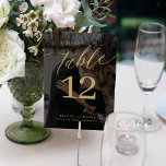 Minimalist modern custom photo gold black wedding table number<br><div class="desc">Elegant bold calligraphy script simple modern black and gold text dark overlay bride and groom names and photo personalized wedding table number. Please note that to order different numbers you need to customize them and put them in the shopping cart one by one (one card with no 1, another with...</div>