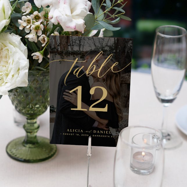 Minimalist modern custom photo gold black wedding table number (The support in the picture is for presentation only)