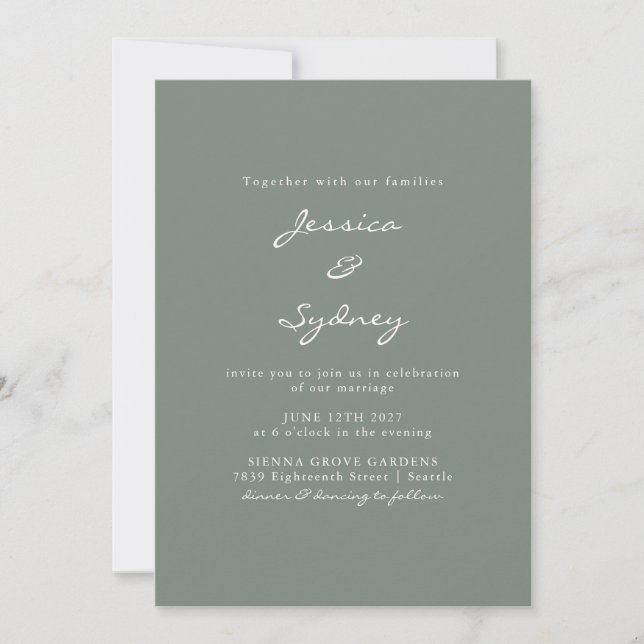 Minimalist Modern Dark Sage Green Script Wedding Invitation (Front)
