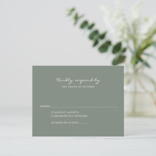 Minimalist Modern Dark Sage Green Script Wedding  RSVP Card