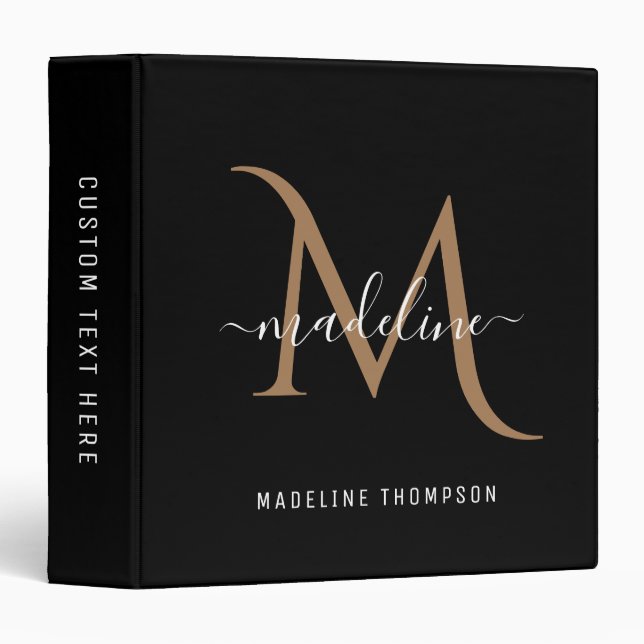 Minimalist Modern Decorative Black Gold Monogram 3 Ring Binder (Front/Spine)