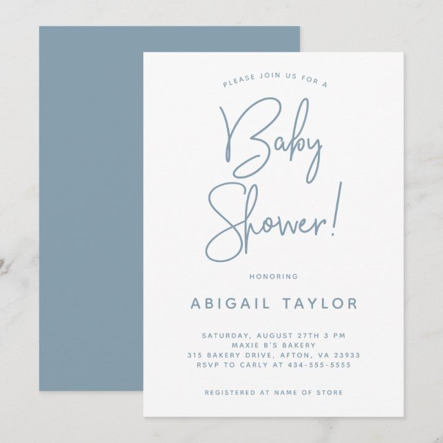 Minimalist Modern Dusty Blue Baby Shower Invitation (Front/Back)