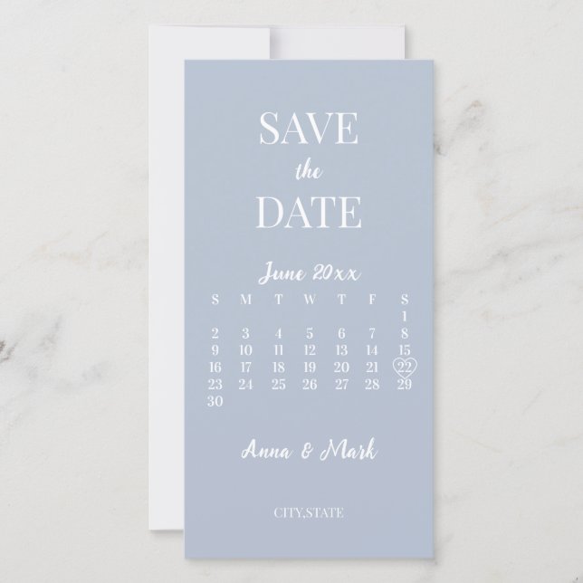 Minimalist Modern Dusty Blue Calendar Save The Date (Front)