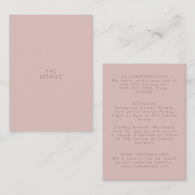 Minimalist Modern Dusty Blush Wedding Details Enclosure Card (Front/Back)