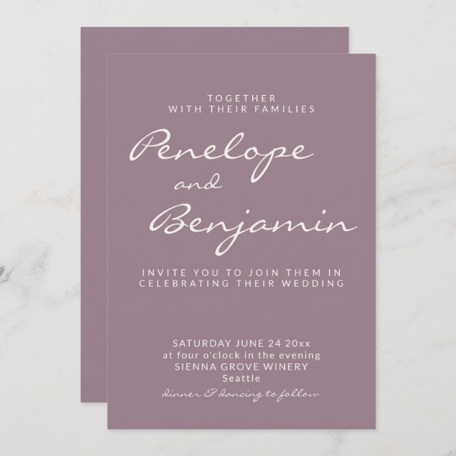Minimalist Modern Dusty Purple Script Wedding Invitation (Front/Back)