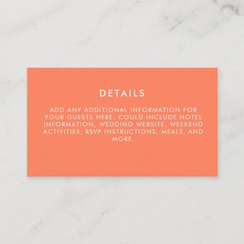 Minimalist Modern Electric Tangerine Wedding  Enclosure Card